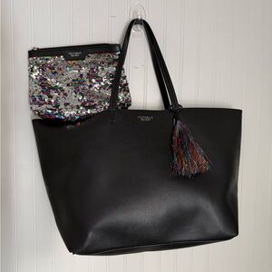 Victoria’s Secret Black Tote Bag Shimmer Tassel Charm Large Shoulder Bag
